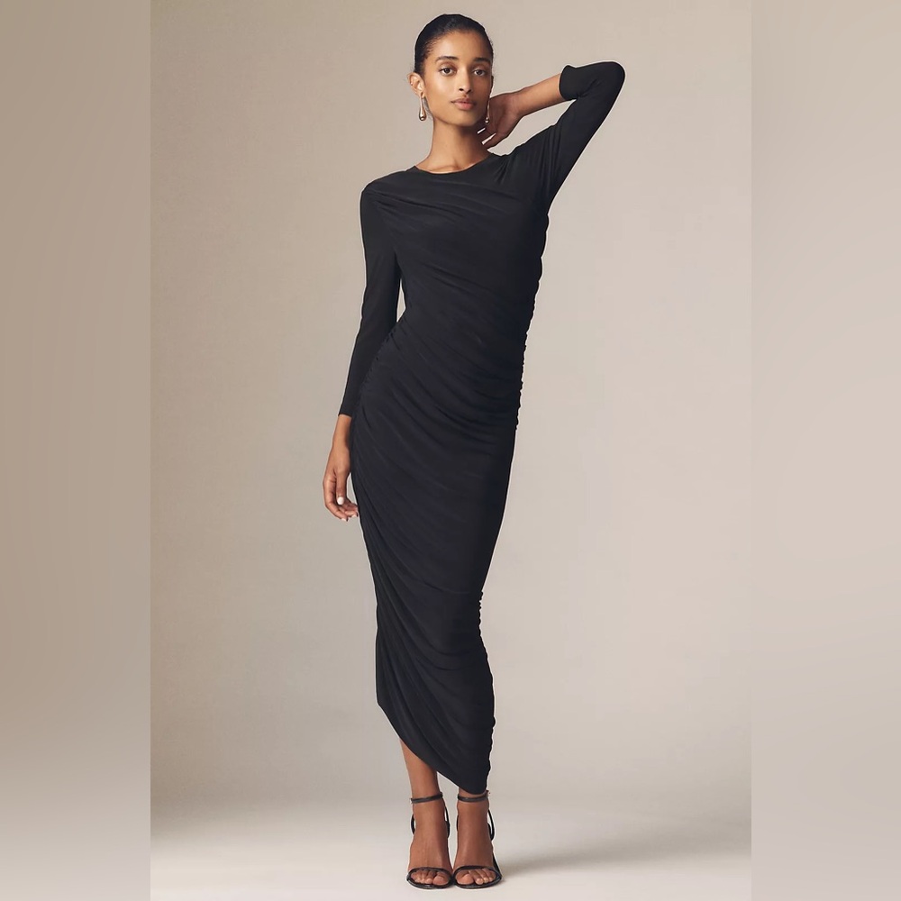 New Norma Kamali Ruched Bodycon Black Long- Sleeve Midi Dress